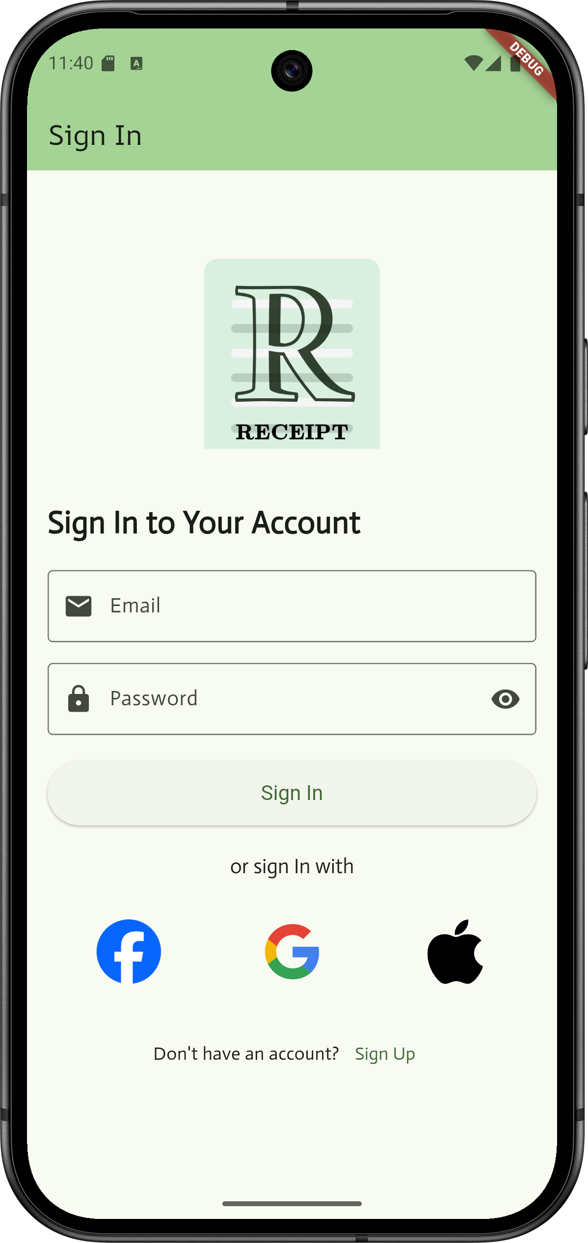 RECEIPT Sign In Interface